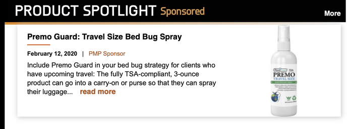 NEWS: Premo Guard New Travel Bed Bug Spray Featured Product by Pest Management Professional Magazine